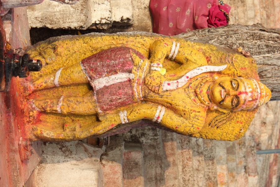 A garlanded deity dressed in silk and gold